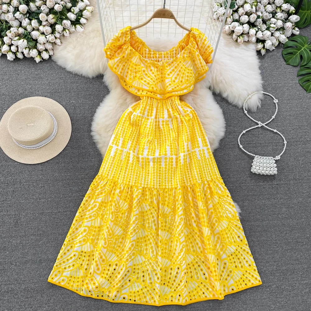 

Ruffle Sleeveless Elegant Dress A-line Hollow Casual Slash Neck High Waist Beach Vacation Vestidos Women Summer Clothing