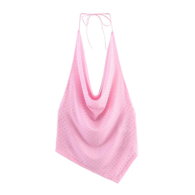 Sexy Halter Sling Tops Women's Water Diamond Tulle Backless Asymmetric Crop Top 2025 Summer New Lady Elegant Short Tops