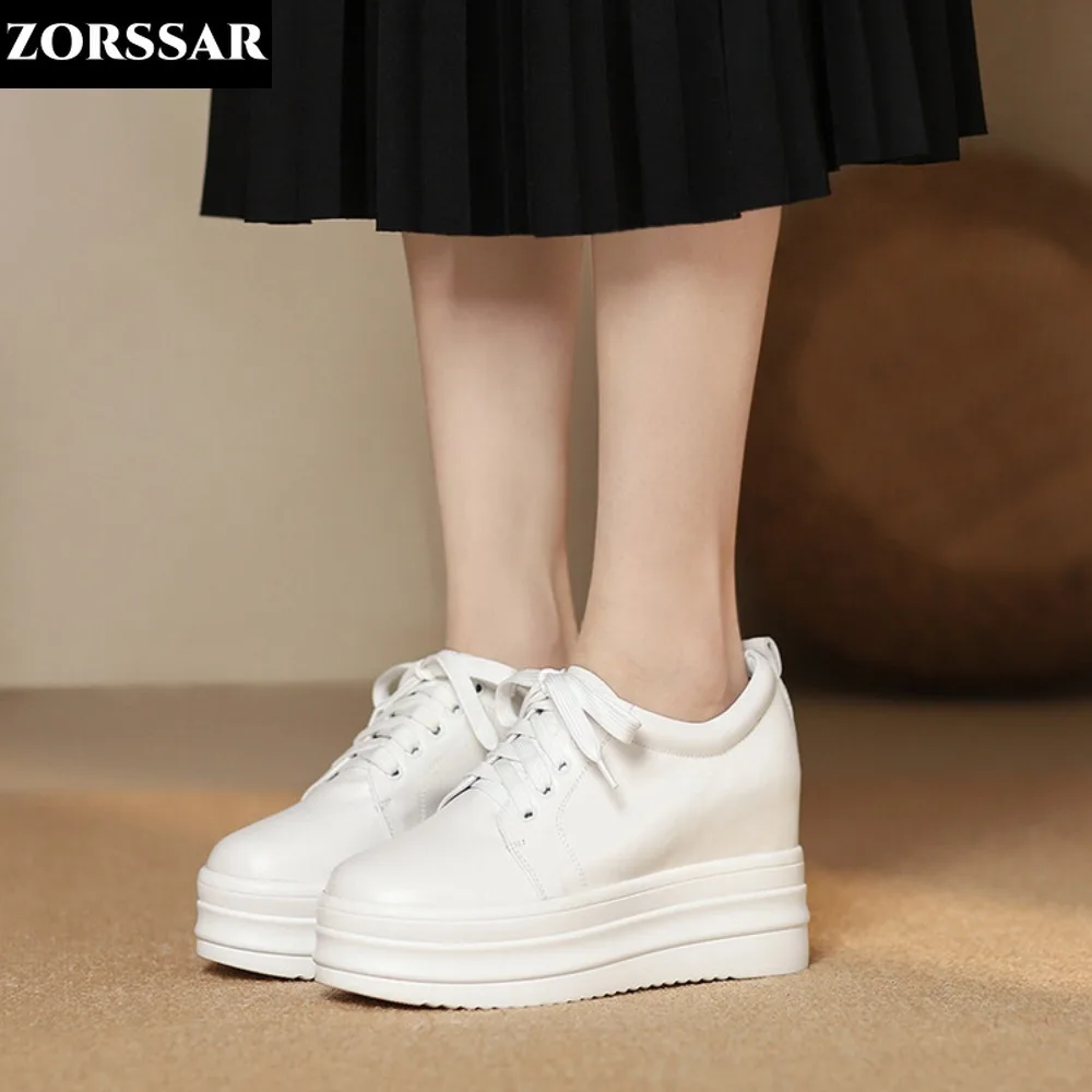 

8cm High Heel Genuine Leather Women Casual Shoes White Skateboard Sneakers Platform Wedge Shoes High-heeled Vulcanized Shoes