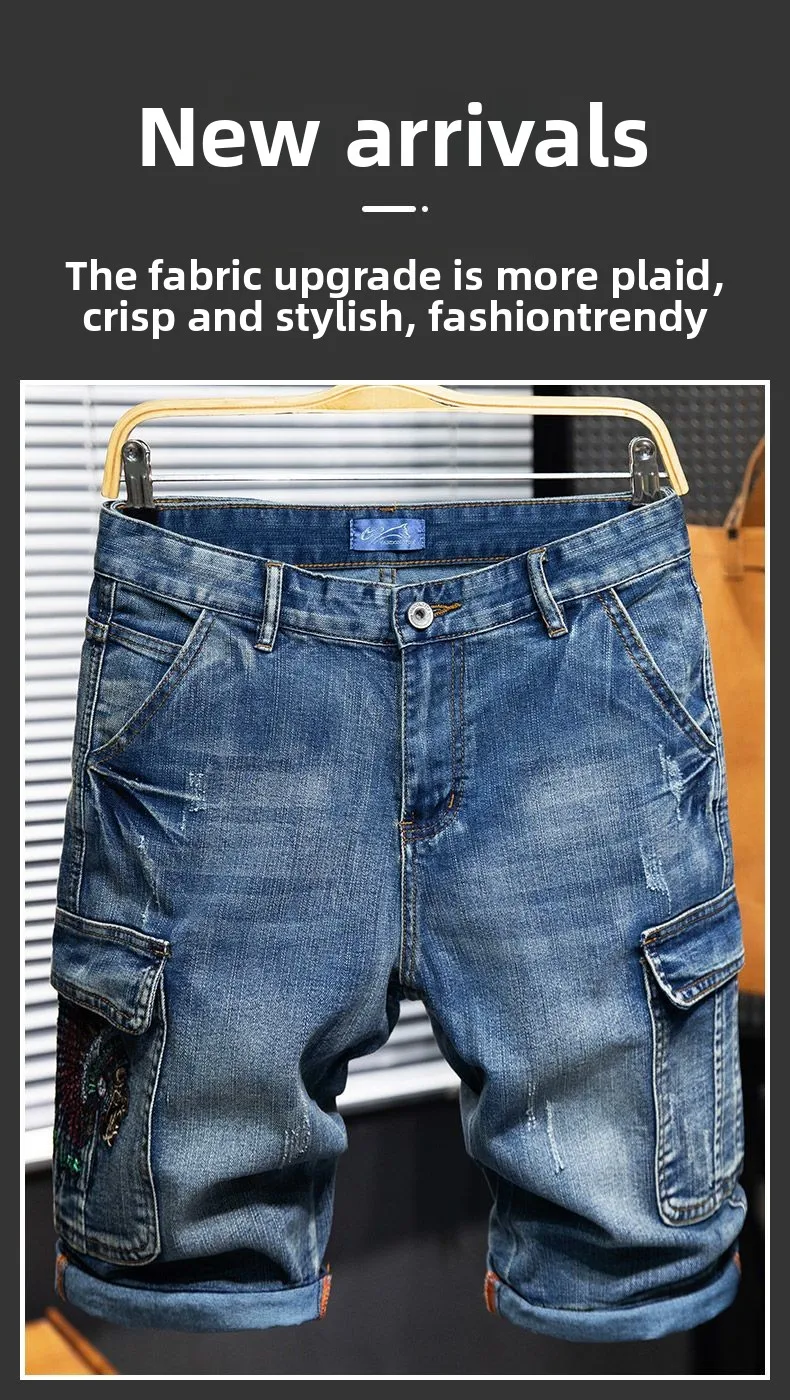 Embroidery Multi-pocket Denim Shorts Men's Pants Large Size Loose Outer Wear Medium Pants Summer Cargo Jeans Denim Short Men