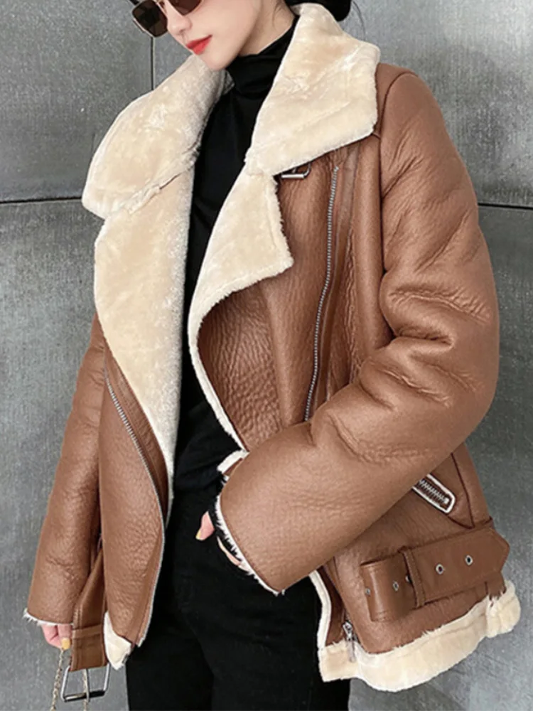 Ly Varey Lin Women's Faux Shearing Moto Jacket Thick Lined Parka Winter Shearling Coat Leather Jacket
