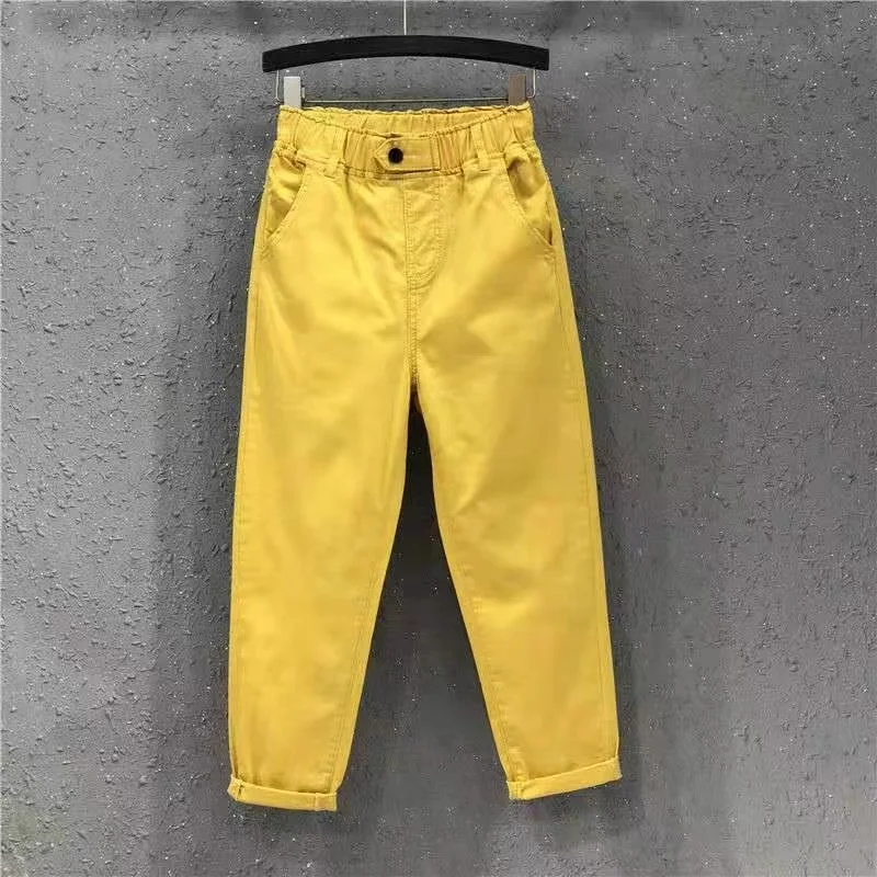 

New Arrival Summer Women Harem Pants All-matched Casual Cotton Denim Pants Elastic Waist Plus Size Yellow White Jeans