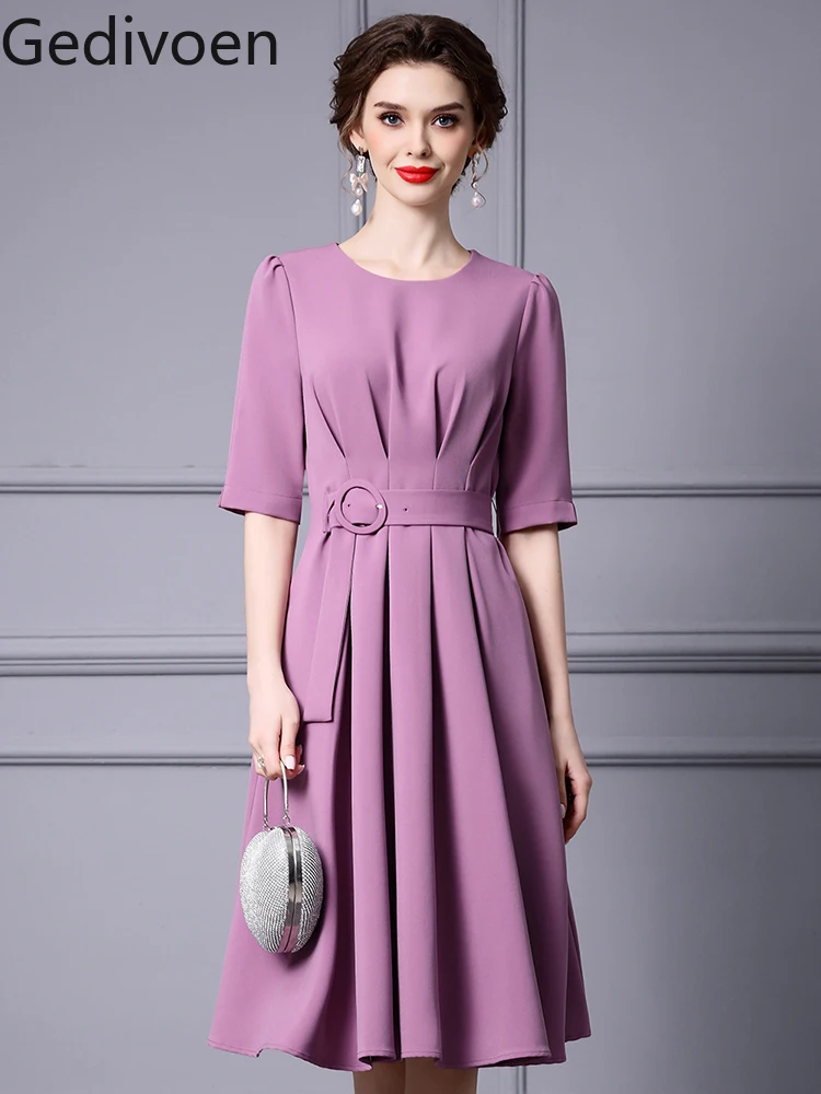 

Gedivoen Fashion Runway Dress Summer Women's Office Dress Round-necked, Solid-color, Draped, High-waisted Midi Skirt
