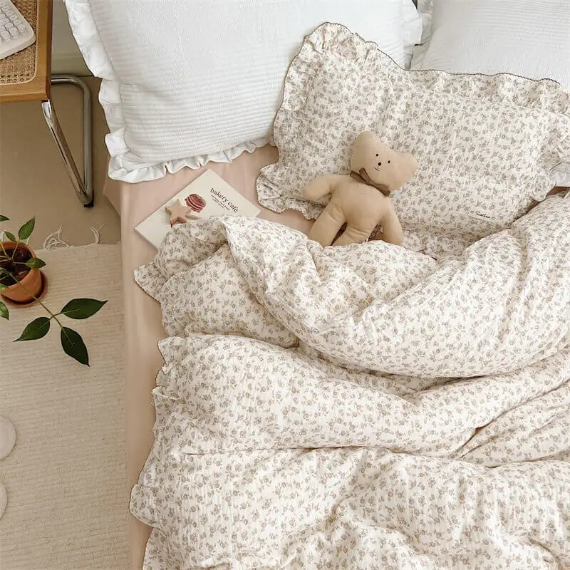Cotton Muslin Toddler Quilt Cover Set Floral Duvet Cover and Pillowcase Set for Childrens 2