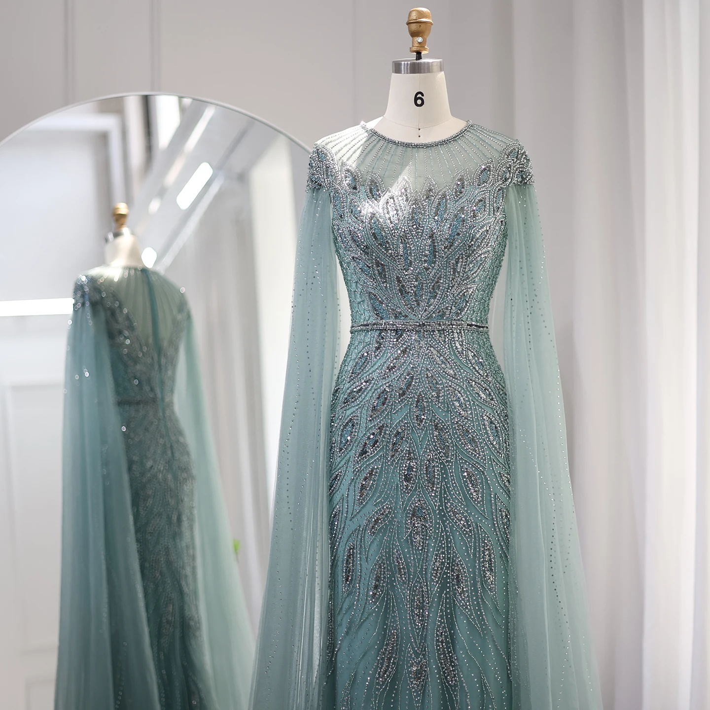 S453f92a94c1041f78950b71748835909I Luxury Arabic Blue Mermaid Evening Dress with Cape Sleeves Sage Green Gold Dubai Women Wedding Party Gowns Mallzona