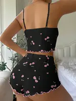 Women's Heart Print Sexy Ribbed Bow Decor Pajama Set, Round Neck Backless Comfortable Crop Cami Top & Shorts, Summer Nightwear - Image 2