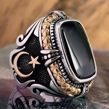 Handmade Mysterious Totem Star Moon Ring For Men Ancient Silver Color Black