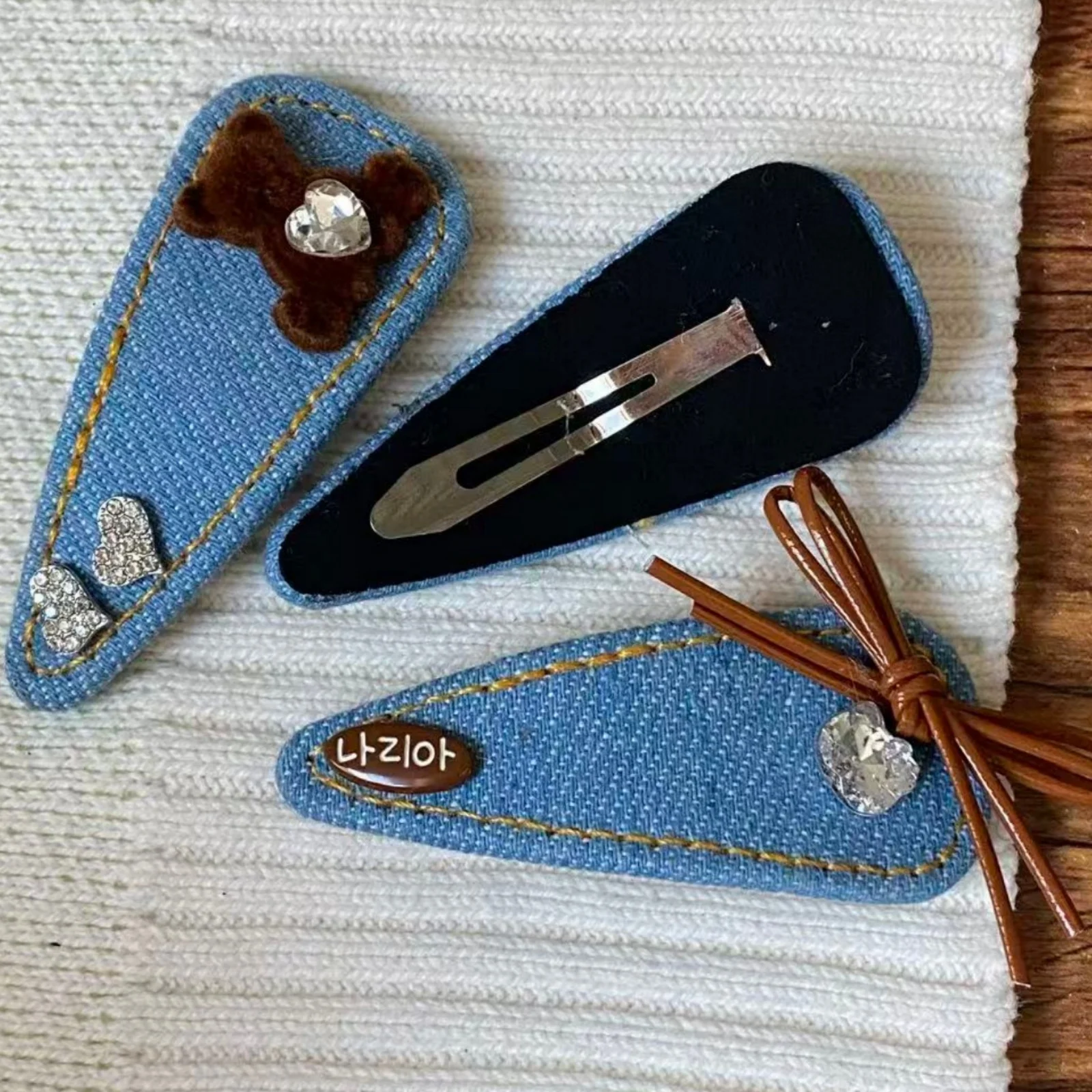 1PC Denim Hair Clips, Cute Bear & Bow Decor, Rhinestone Embellished, Trendy Hair Accessories for Girls，Korean Style