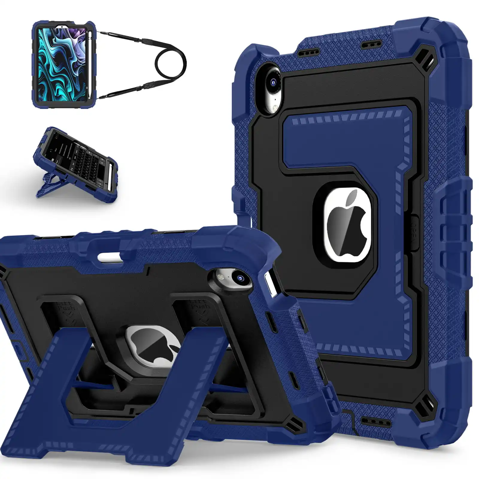 Shockproof iPad Mini Case with Handle Stand and Pen Tray - Non-toxic Soft Silicone Protective Cover with Shoulder Straps