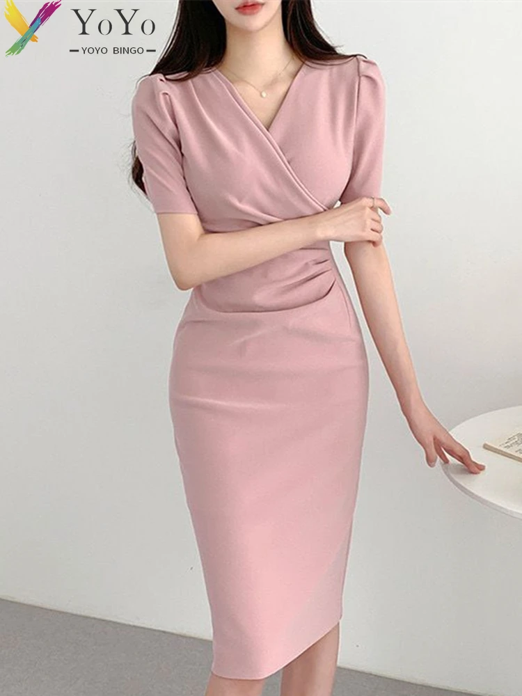 

Formal Dress Solid Color Puff Sleeve Short Sleeve V-Neck Pencil Dress 2022 Elegant Slim Bodycon Office Lady Work Dress