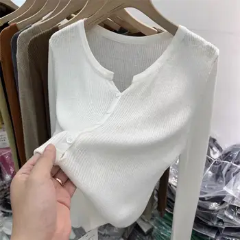 2025 الكورية نمط لينة سترة مشغولة من الصوف امرأة أوائل الخريف كم طويل سليم عادية الخامس الرقبة قاع سترة متماسكة القمم