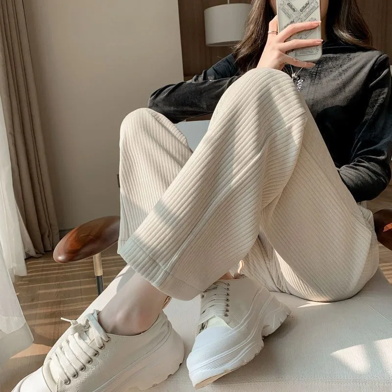 2023 New Chenille Wide-leg Pants Women Spring Autumn High-waisted Slim Straight Trousers Corduroy Loose Versatile Slacks