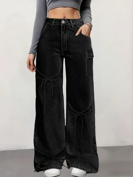 Plus Size Women's Loose Straight Leg Denim Jeans Black Bow Tie Side Pockets Fashion Street Style Denim Pants