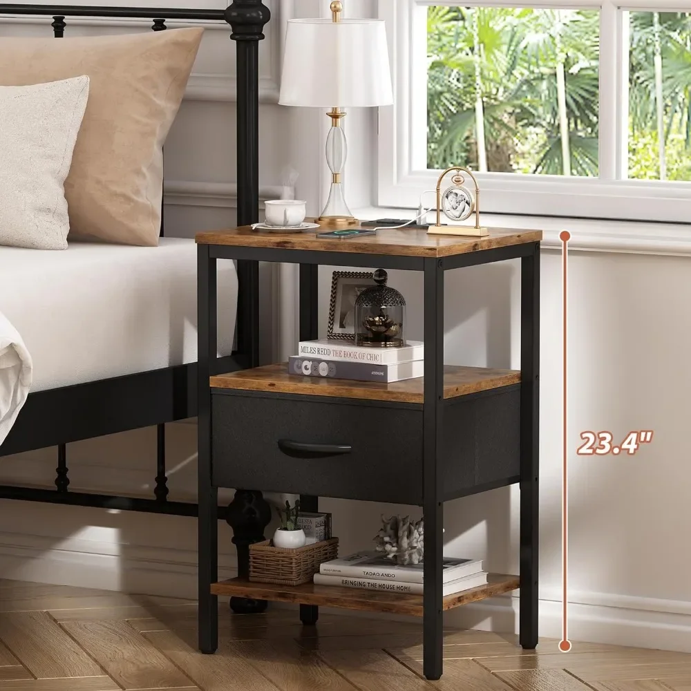 Nightstand Set of 2, Bed Side Tables with Charging Station, Adjustable Fabric Drawer, Night Stand for Bedroom 3
