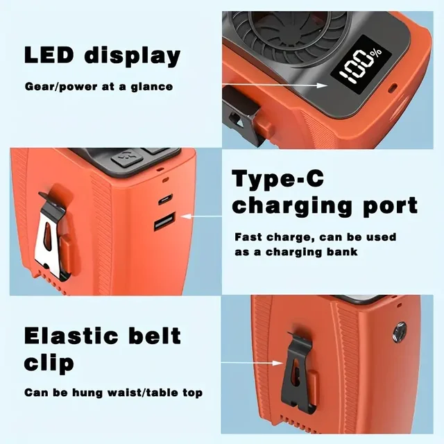 Portable Waist Fan with Power Bank Function LED Light  & 10000mAh Battery Suitable for Outdoor Activities Camping Fishing Hiking 4