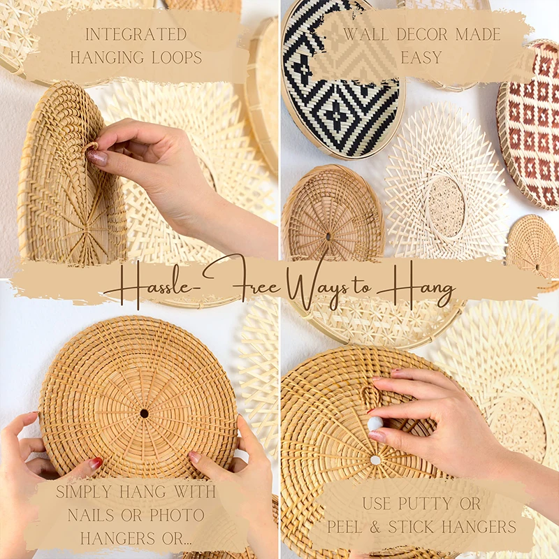 Set Di 7 Cestini Da Parete In Rattan Fatto A Mano, Stile Bohémien, Decorazione Rotonda Per Soggiorno, Camera Da Letto E Cucina