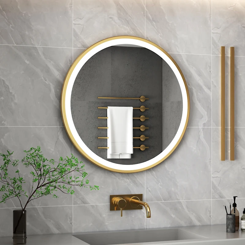 Round Smart Bathroom Mirror Lights Golden Modern Vanity