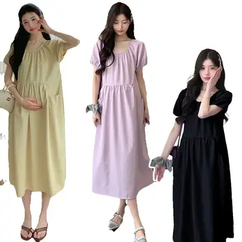 Black Green Maternity Summer Dress+Pockets Loose Casual Pregnant Woman Breastfeeding Dress Preppy Style Pregnancy Nursing Dress