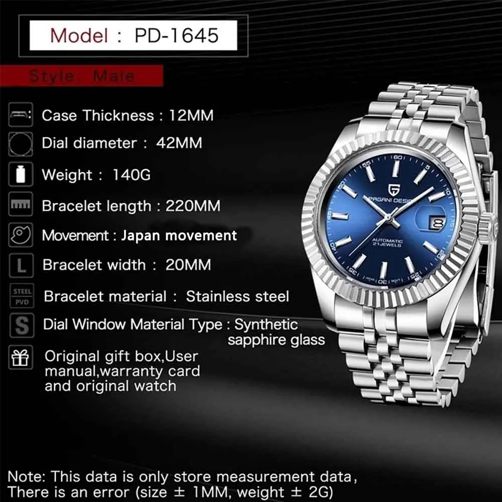 Mechanical Watch Business Watch Link New PAGANI DESIGN PD-1645 V3 Men Mechanical Watches Business Sapphire Glass Automatic Watch 10bar Waterproof Watch for Men