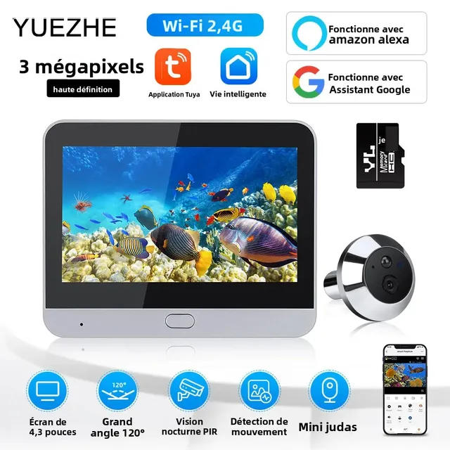 Yuezhe Tuya Smart WiFi 3MP Caméra de visiophone vidéo avec écran 4,3 pouces, batterie 5000 mAh, alarme de mouvement PIR, compatible Alexa pour la sécurité domestique 1