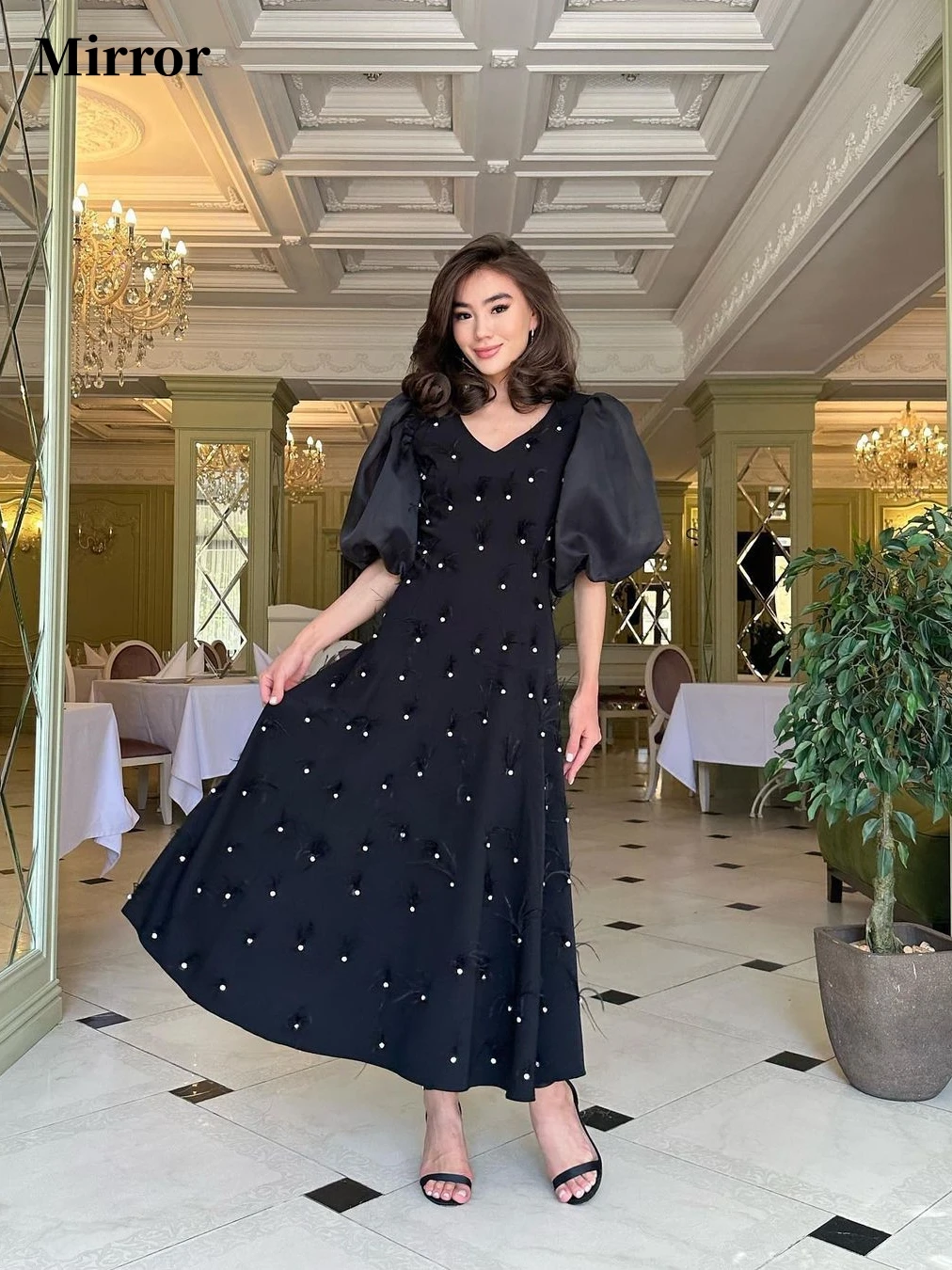 

Mirror Dress Elegant Vintage Crystal Feather V-Neck Ankle Length Customized Formal Occasion Prom Dress Evening Party Gowns