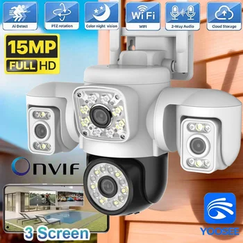 8K 15MP UHD Outdoor WiFi IP Camera Four Len Three Screen 360° 16X Zoom PTZ Security Cam Auto Tracking CCTV Wireless Surveillance 1