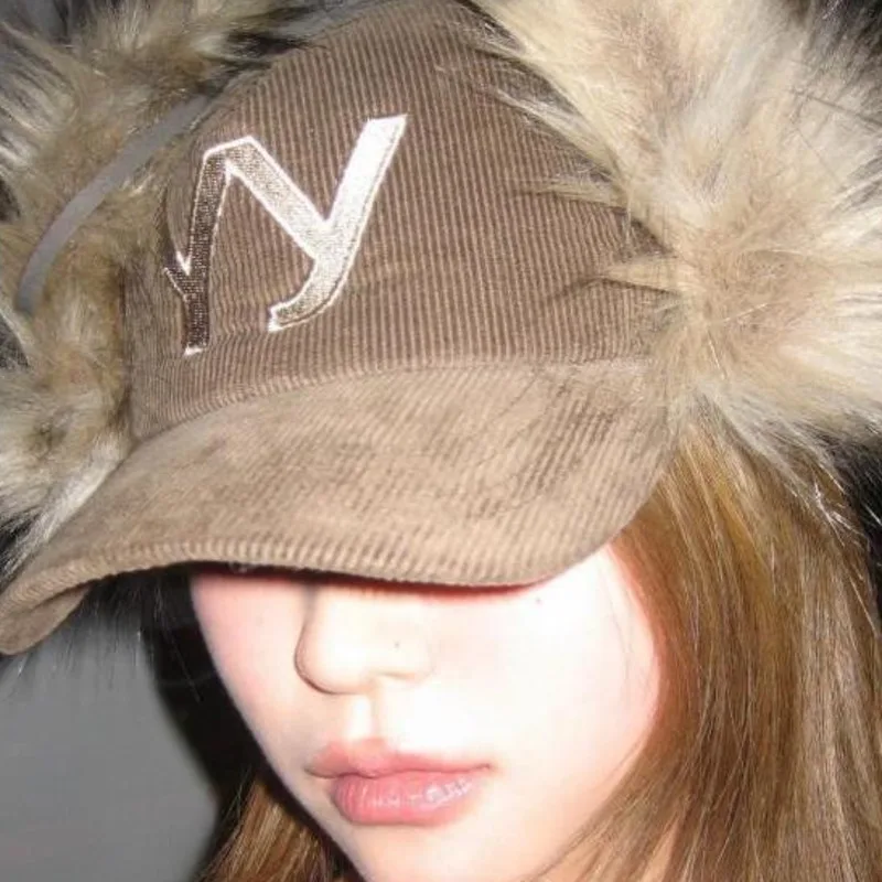 Baseball Cap Feather Retro Corduroy Embroidered Streetwear Daily Outdoor Sunscreen Hat for Women