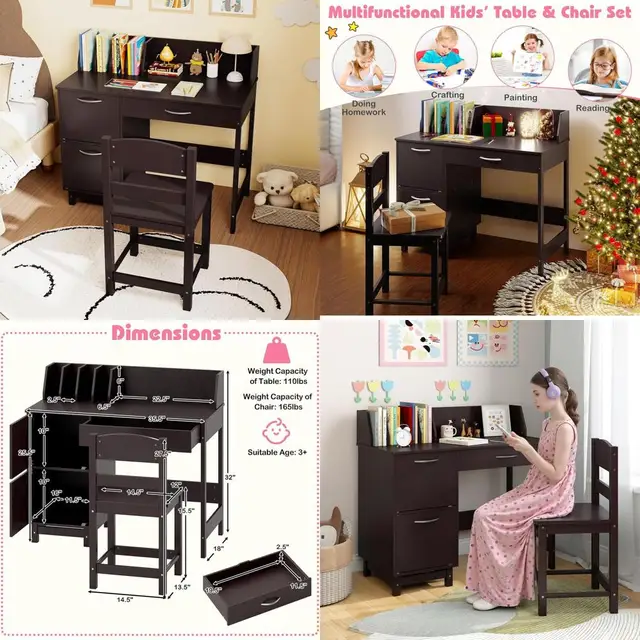 19941-442647.jpg Wooden Kids Study Desk and Chair Set with Hutch, Storage Drawer & Cabinet for 3-8 Year Olds, Ideal for Writing, Computing, and S