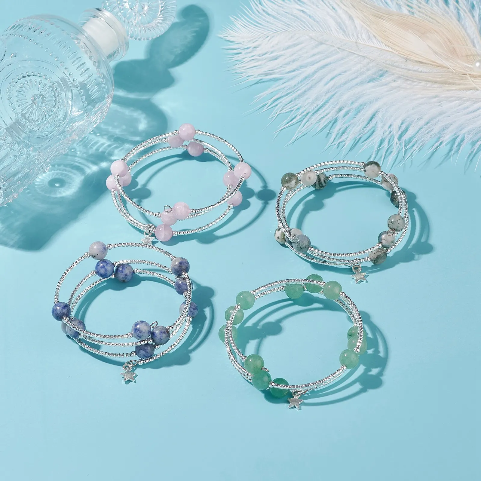 Kissitty 4Style Natural Mixed Stone Round Beaded Wrap Bracelets For Women 3 Loops With Tiny Star Bracelets Jewelry Findings Gift