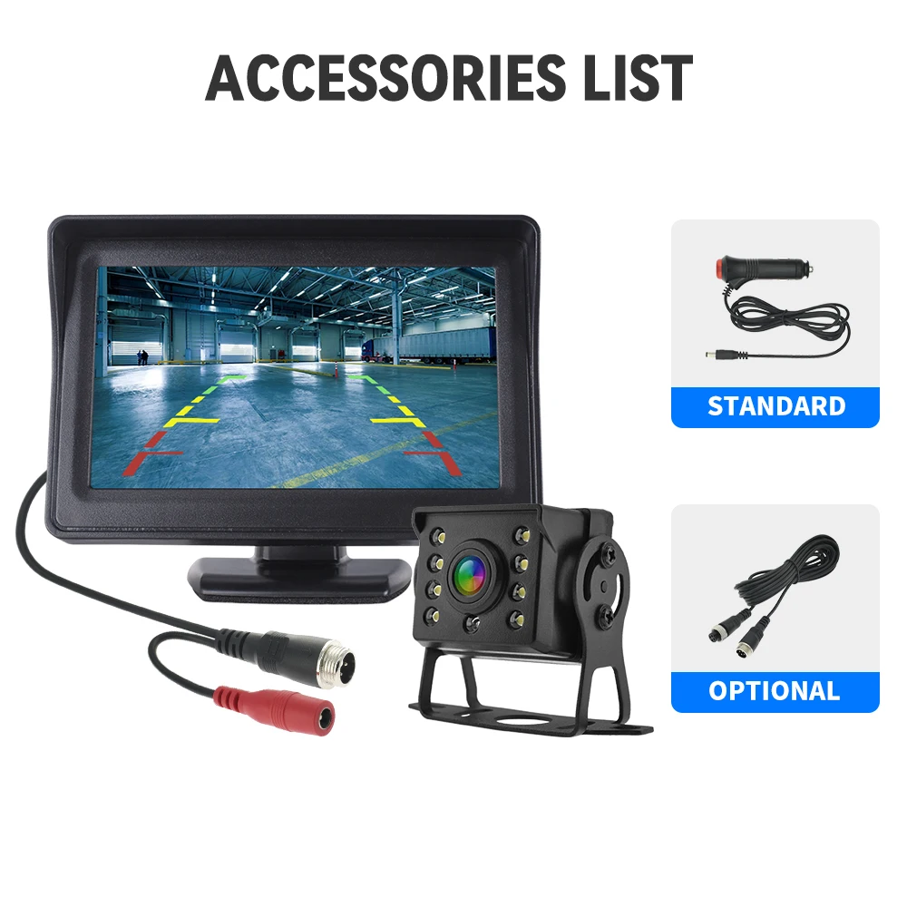 자동차 후방 카메라 모니터 포함 CCD HD, 4.3 인치 HD 스크린, LED 보안, 버스 트럭 주차 RV 트레일러용, 쉬운 설치