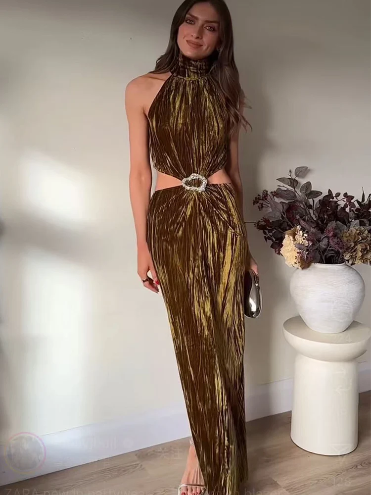 Women Sexy Maxi Dress Elegant Hollow Out Design Sleeveless Bodycon Evening Club Dress Fashion Lady Halter Neck Long Dress