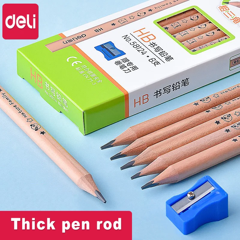 Deli Thick Rod Triangle Pencil HB Wood Children Beginners Writing Practice Special Stationery Diameter 9mm |