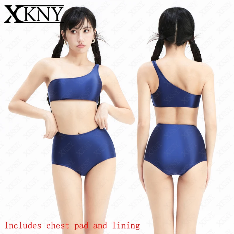 

XCKNY silky glossy swimsuit blue split swimsuit suspender student hot spring sexy cute Swim briefs bikini