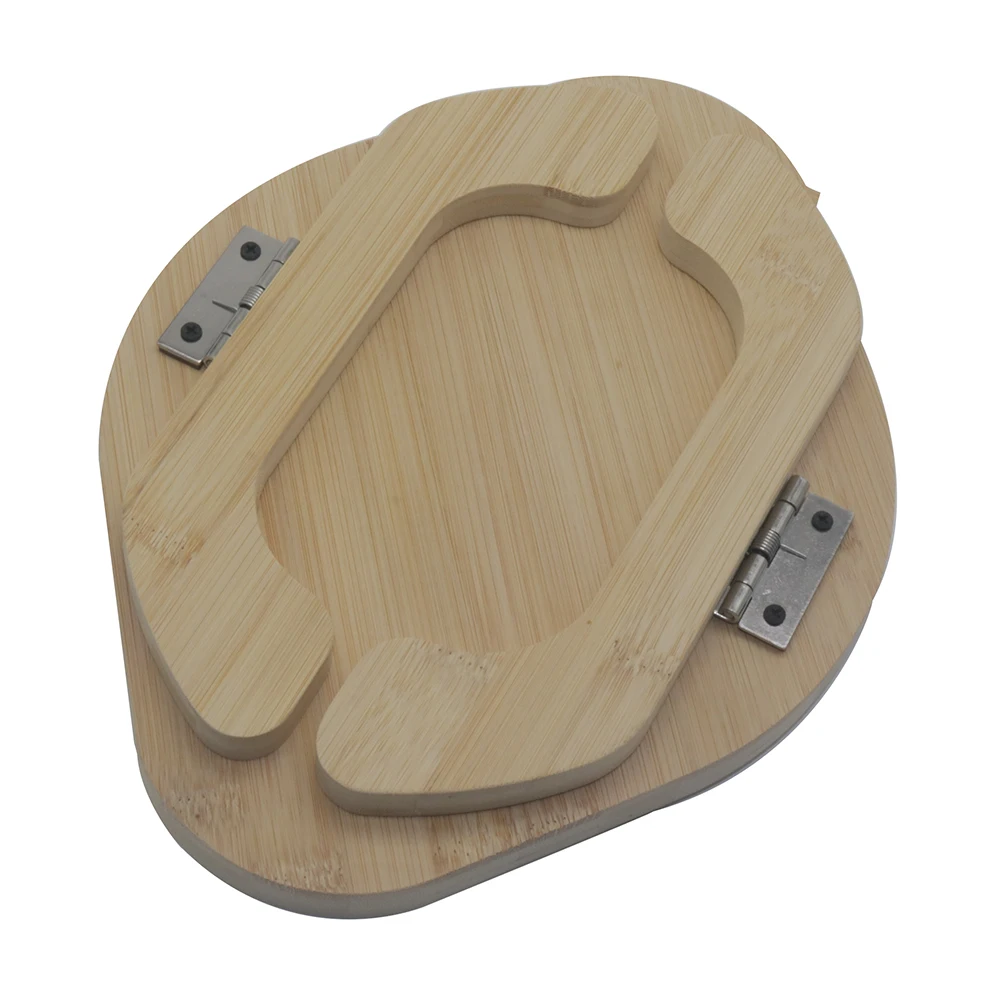 A tray table crafted from bamboo and wood, with a natural finish, featuring two metal hinges for attachment. The design showcases the lid separated from the base, highlighting its curved form.