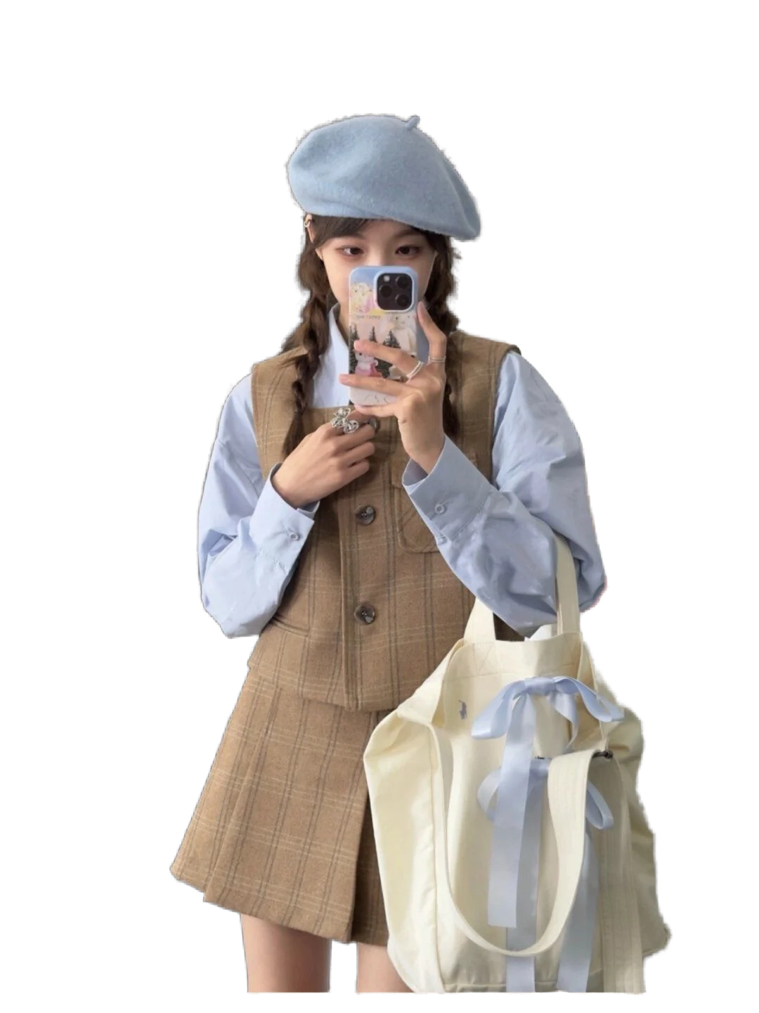

Fashion suit women 2024 spring and fall retro plaid undershirt stacked blue shirt half-body skirt three-piece Hong Kong style