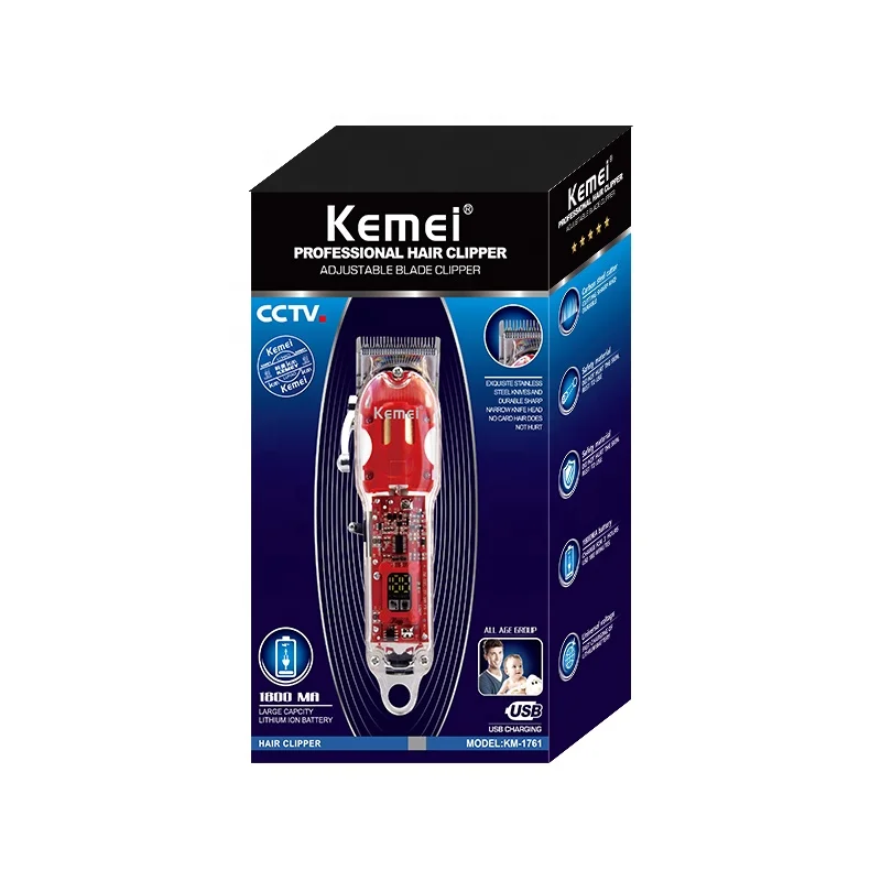 Kemei 1761충전식 헤어 커팅 머신 이발소 페이드 헤어 클리퍼 10W 무선 트리머 투명 커버 화이트 또는 레드베이스