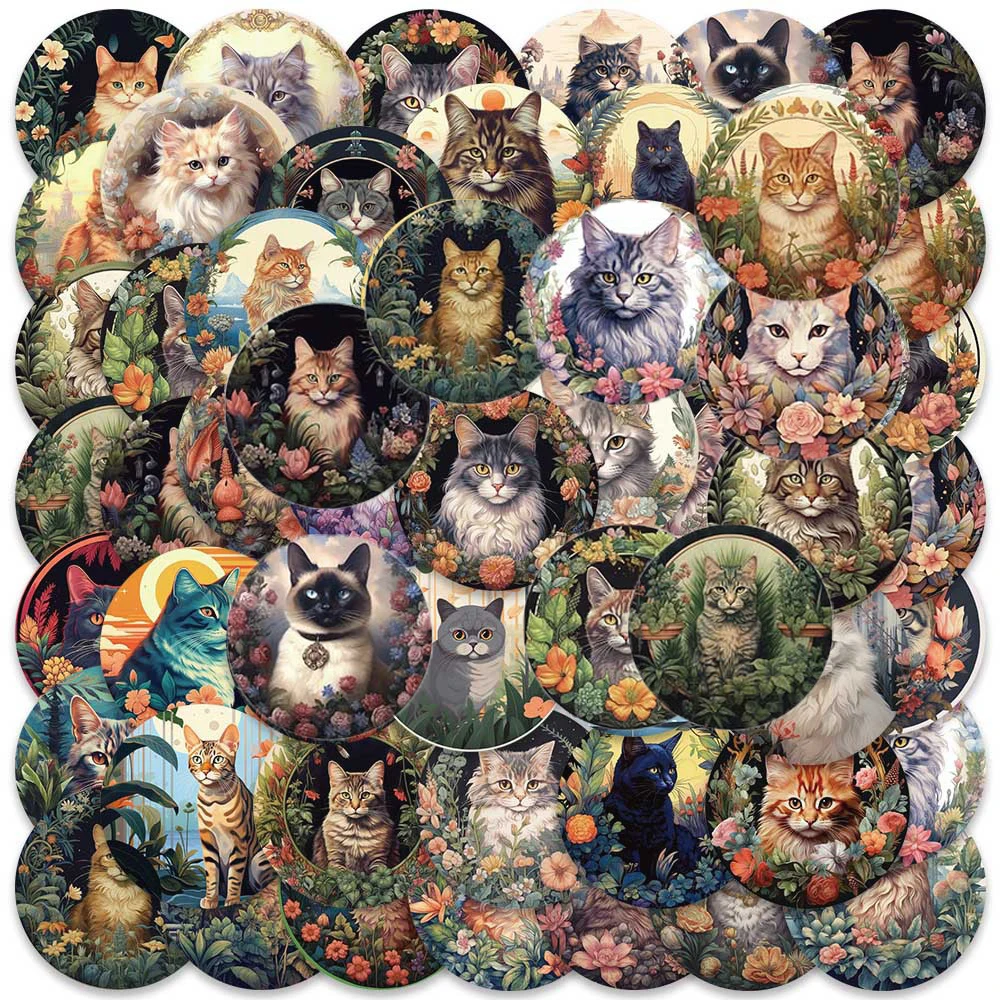 10/50Pcs Retro Cute Cat Plant Flower Aesthetic Varied Stickers Pack for Kids Helmet Wall Scrapbooking Decoration Graffiti Decals 50pcs pack flower pet stickers diy scrapbooking junk journal collage materials waterproof decor stickers aesthetic butterfly