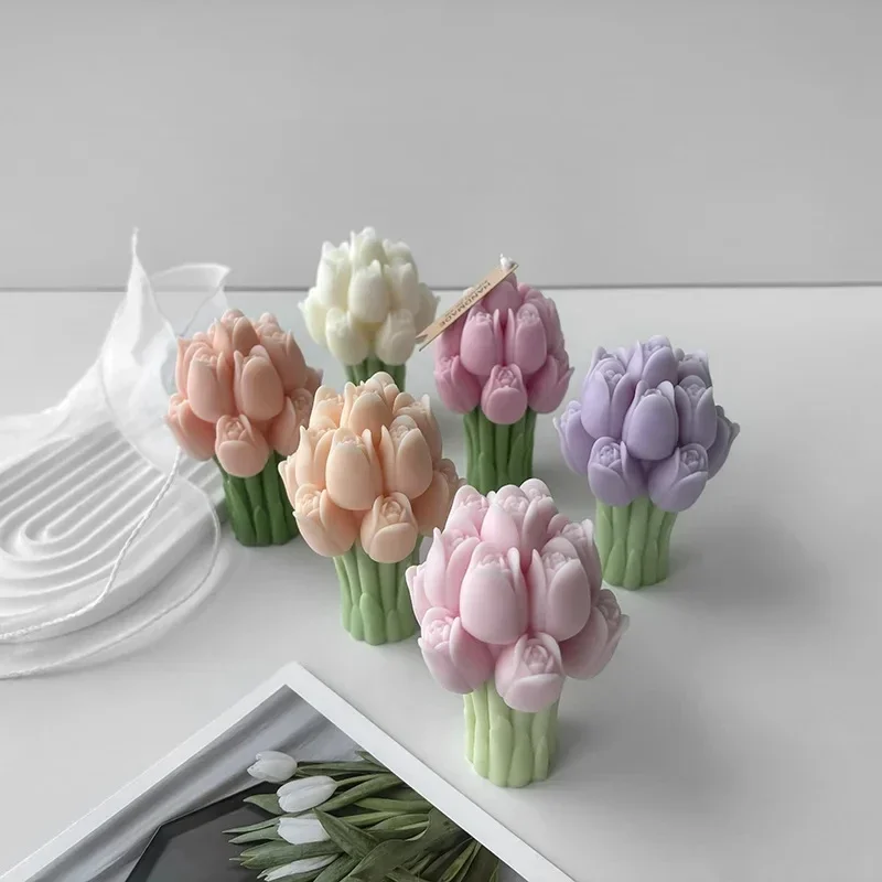 3D Tulip Bouquet Flowers Silicone Candle Mold Bouquet Set Plaster Ornament Mold Handmade Soap Mould