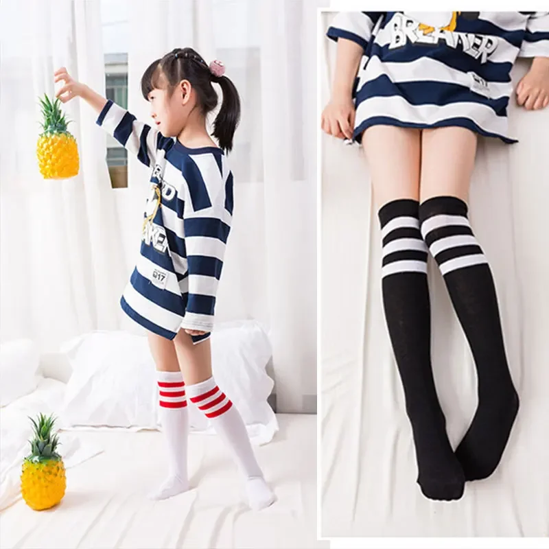 Autumn Baby Girls Knee High Long Soft Cotton Socks Kids Stripe Solid White Sports Fashion School Stockings for 1-8Y Children Boy