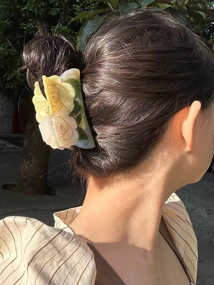 

Colorful Camellia Flower Acetic Acid Big Hair Claw for Women Girl Summer Vacation Jewelry Vintage Elegant Headwear 2023