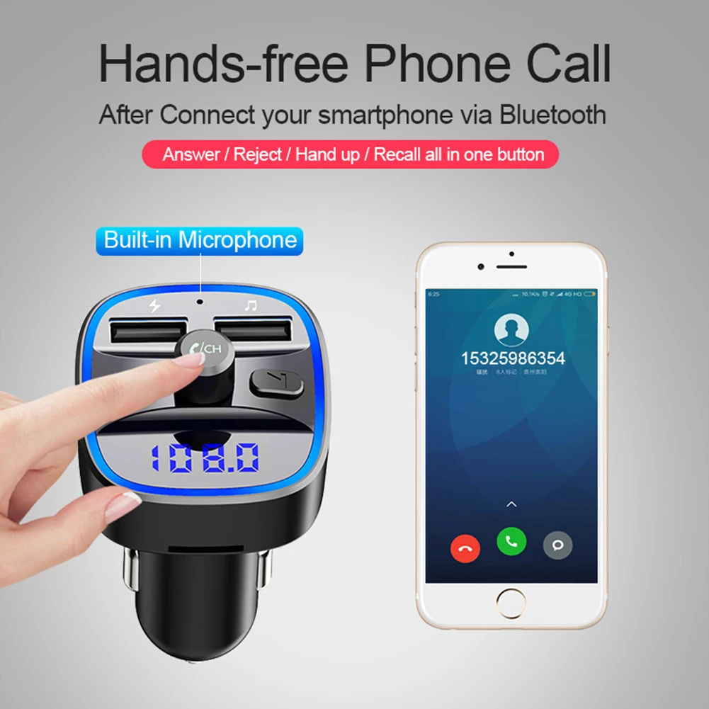 T25 Car Bluetooth 5.0 FM Transmitter MP3 Player Fast Charging Dual USB Charger 87.5-108MHz 2.4A MAX Dual USB Car Charger Adapter