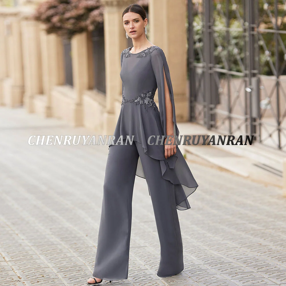 Elegant Chiffon Mother Of Bride Pant Suit For Wedding Backless Zipper Lace Applique Formal Women jumpsuit Evening Occasion Gowns