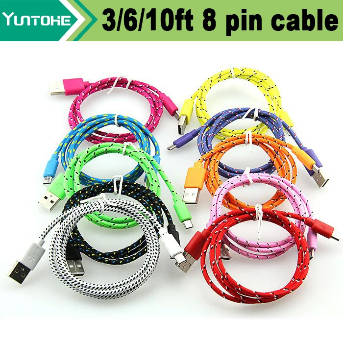 

100pcs/lot 1m 2m 3m Round Fabric Braided Nylon Woven Wire 8pin USB Date Sync Charging Cable for iPhone 13 12 11 XS Max XR X 8 7