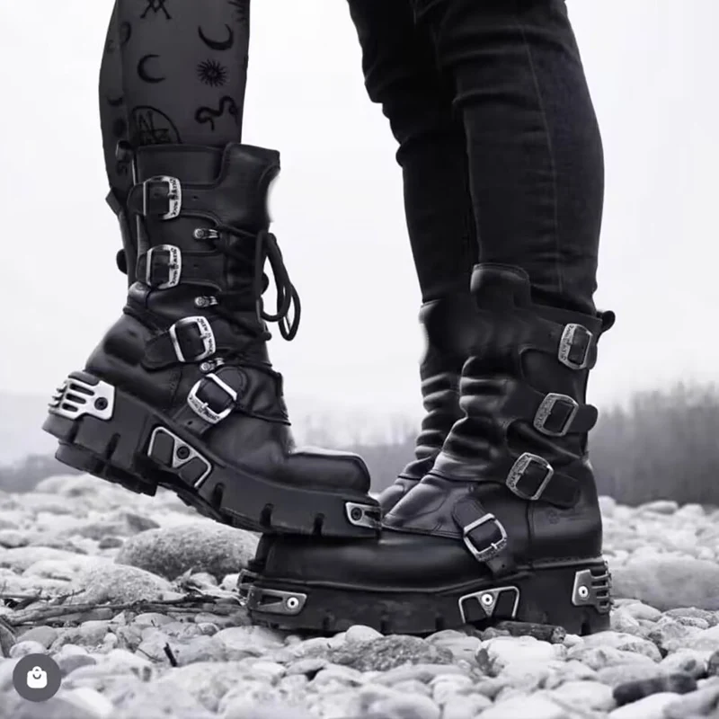 

Men's Fashion Genuine Leather Motorcycle Boots Gothic Skull Punk Boots Design Rock Women Mid-calf Boots Metallic Combat Boot48
