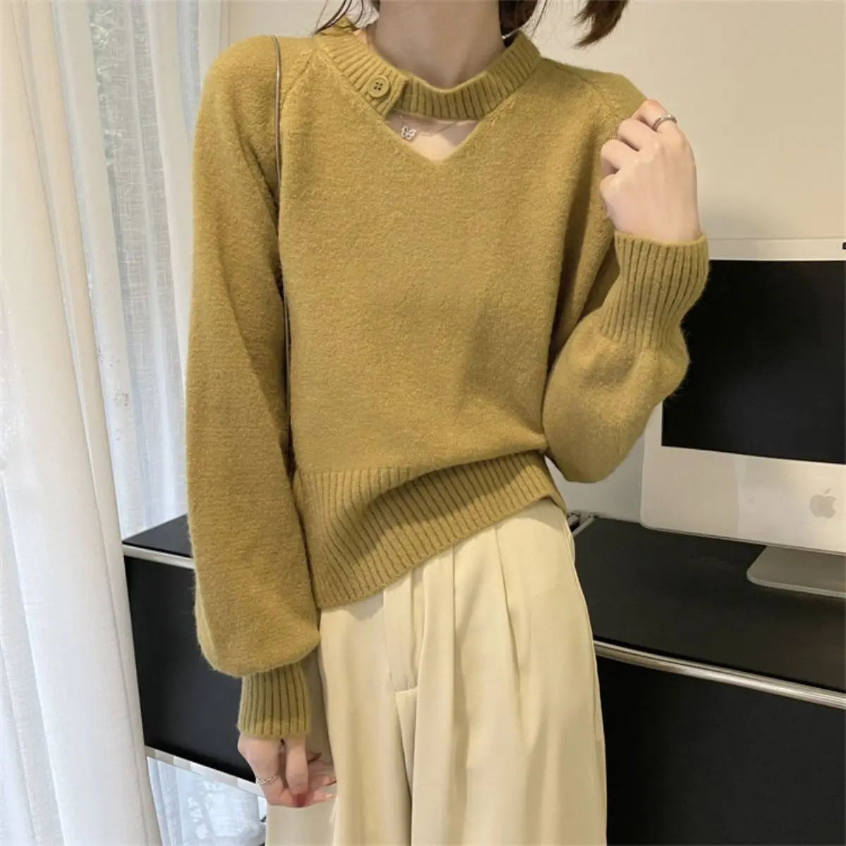Khaki Hollow out Knitted Base Shirt Long Sleeve Women's Inner Wear Fashionable Design Autumn Winter Sweater Casual Elegant