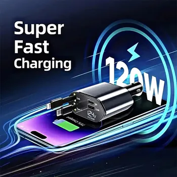 4 in 1 120W Car Charger Retractable Car Cigarette Lighter Adapter USB Type C Fast Charger Cable for IPhone Xiaomi POCO Samsung