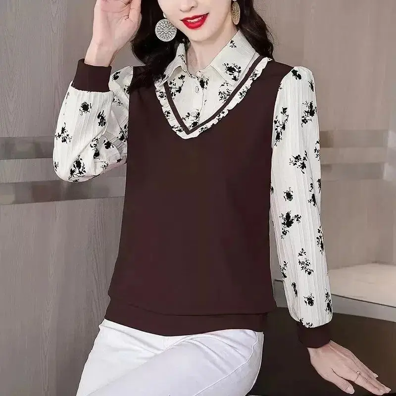 Fake Two Pieces Stylish Patchwork Shirt Female Clothing Korean Broken Flowers Spring Autumn Polo-Neck Button All-match Blouse