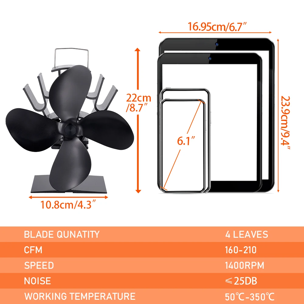 4 Blades Heat Powered Stove Fan Log Wood Burner Eco Quiet Hot Fireplace Fan Home Warm Heating Efficient Heat Distribution