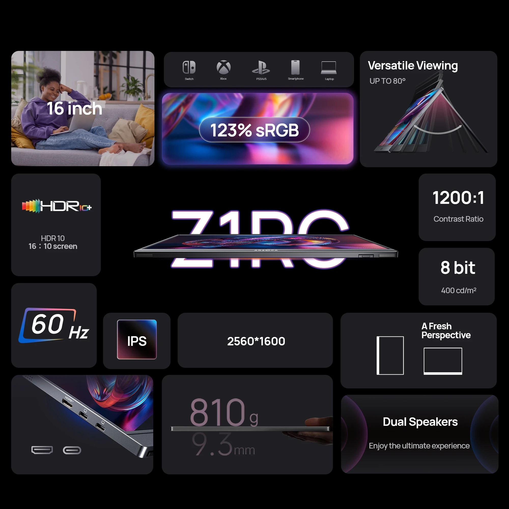 ARZOPA 16inch 2K Portable Monitor 16:10 IPS Screen with type-c mini hdmi Second Display for MAC/Laptop/PC/Xbox/PS4/5/Switch,Z1RC view 2