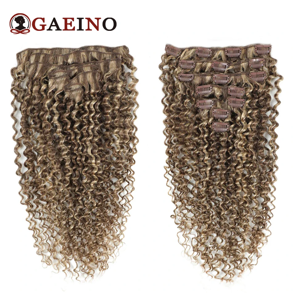 Kinky Curly Hair Clip In Hair Extensions 7Pcs/Set human hair wigs Ash Brown & Sandy Blonde Mix 100% Remy Human Full Head Hairpiece 14-28"